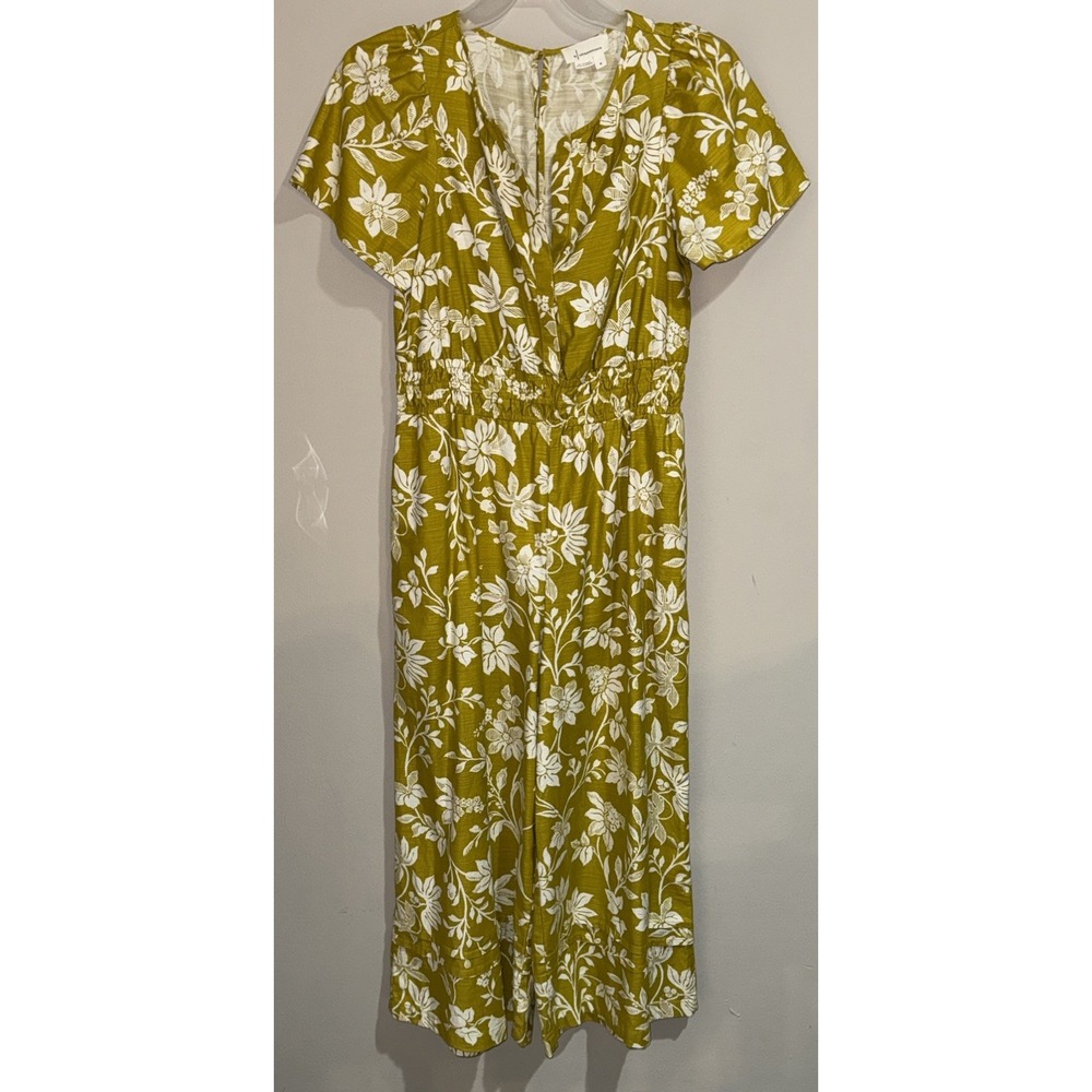 Anthropologie Somerset Jumpsuit Chartreuse Floral Wide Leg Smocked Waist Medium